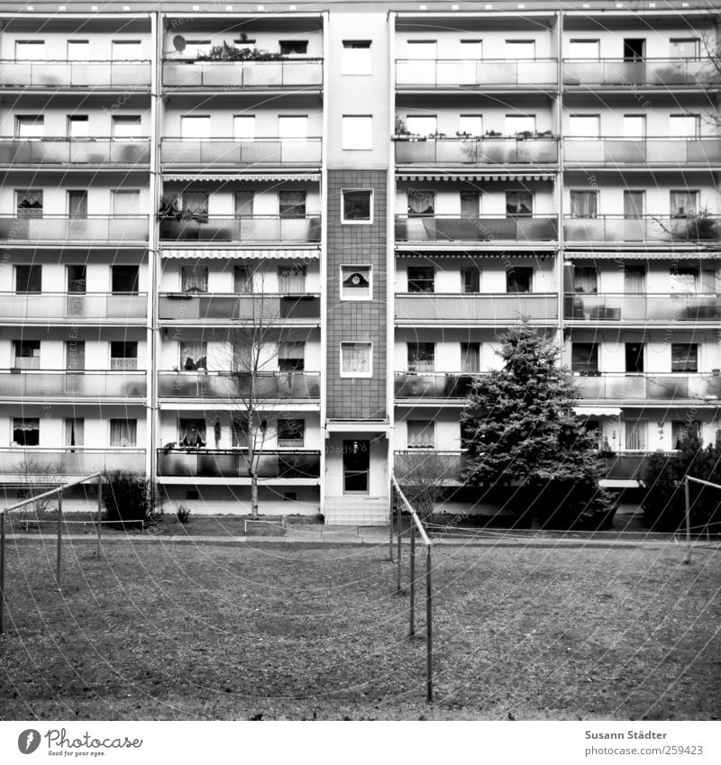 gor.bitz überbevölkert Haus Hochhaus Fassade Balkon Garten Fenster Tür Häusliches Leben Plattenbau Wäscheleine Wäscheplatz DDR konventionell Schwarzweißfoto