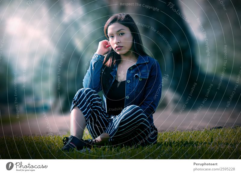 Porträt einer attraktiven brünetten Frau, die auf dem Rasen sitzt. Glück schön ruhig Sommer Erwachsene Natur Pflanze Gras Park Kleid blond Lächeln sitzen Erotik