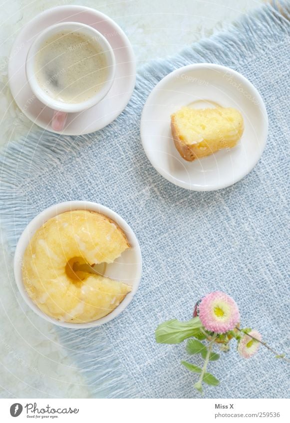 Gedeckt Lebensmittel Teigwaren Backwaren Kuchen Dessert Ernährung Kaffeetrinken Getränk Heißgetränk Geschirr Teller Tasse Muttertag Blume Blüte klein lecker süß