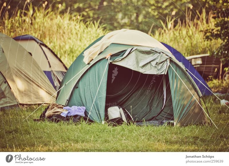 Zelt auf Campingplatz im Grünen Umwelt Natur Landschaft Schönes Wetter Gras Wiese grün Stimmung Freude Zufriedenheit Lebensfreude Abenteuer Sommer Sommerurlaub