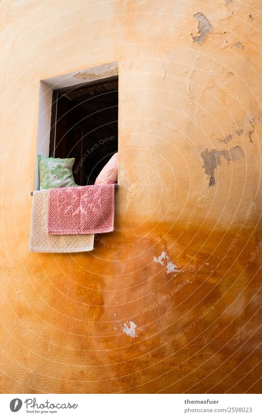 ocker alte Hauswand, Fenster, Wäsche Häusliches Leben Sardinien Italien Kleinstadt Stadtzentrum Mauer Wand einfach Freundlichkeit orange schwarz Zufriedenheit