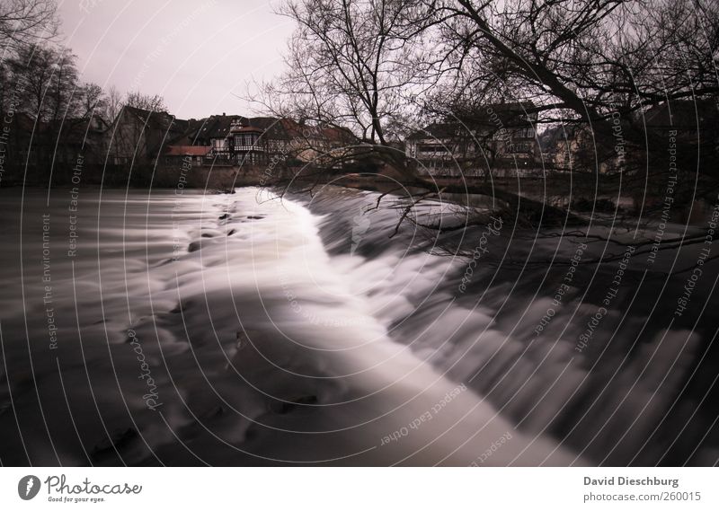 Berauschend Natur Landschaft Wasser Winter Pflanze Baum Flussufer Bach schwarz weiß Wasserfall fließen Bewegungsunschärfe Marburg Hessen Rauschen Flußwehr Lahn