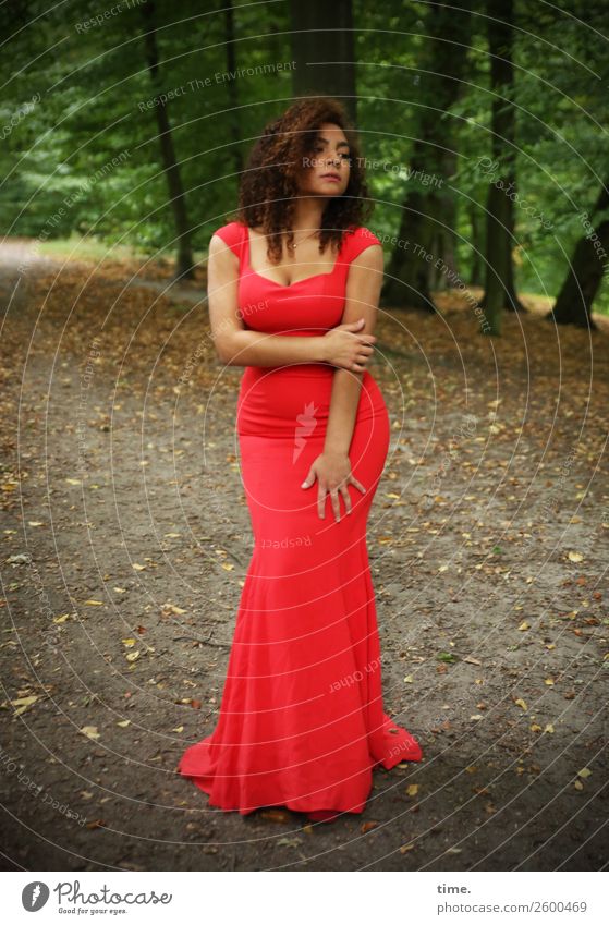 Nikolija feminin Frau Erwachsene 1 Mensch Baum Park Wald Wege & Pfade Kleid brünett langhaarig Locken festhalten Blick warten schön grün rot selbstbewußt