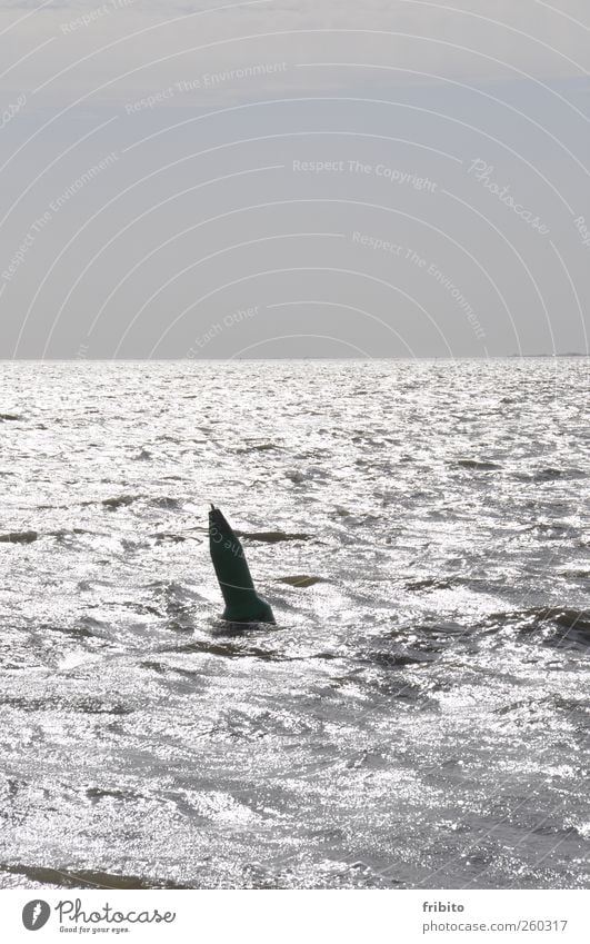 Eine Boje Wasser Himmel Horizont Sonnenlicht Wellen Nordsee Meer Metall glänzend nass blau grau Außenaufnahme Textfreiraum oben Tag Licht Schatten Gegenlicht