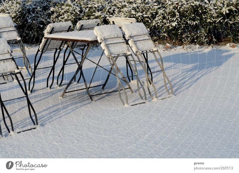 biergarten Eis Frost Schnee Sträucher Park grün weiß Winter Klappstuhl Stuhl Tisch Biergarten Farbfoto Außenaufnahme Menschenleer Textfreiraum rechts Morgen