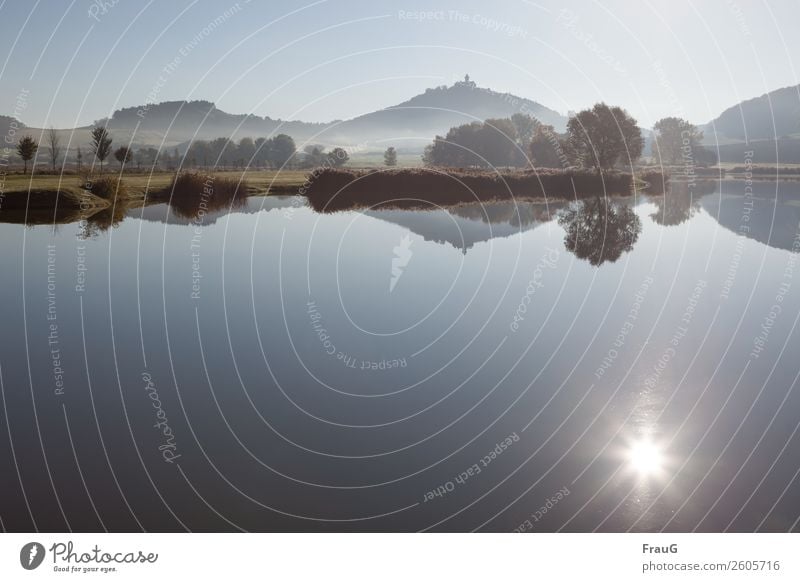 Herbstmorgen Natur Landschaft Wasser Sonne Schönes Wetter Nebel Sträucher Baum See Burg oder Schloss ruhig Umwelt Reflexion & Spiegelung Farbfoto Außenaufnahme