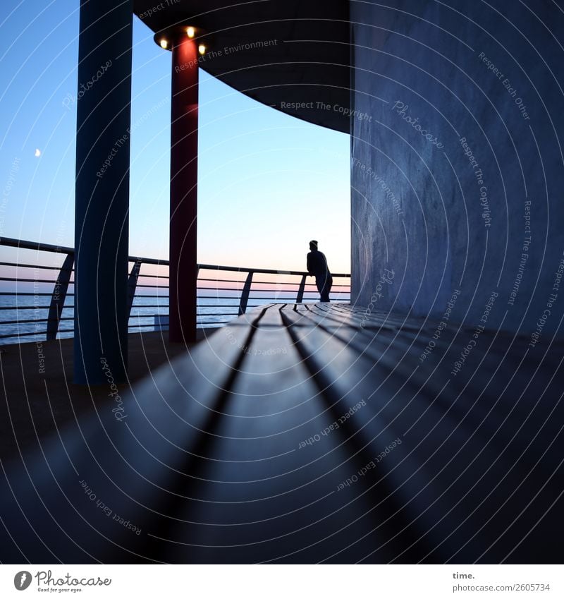 Feierabend Mensch 1 Wolkenloser Himmel Horizont Mond Schönes Wetter Küste Ostsee Seebrücke Mauer Wand Brückengeländer Holzbank Beton Blick stehen träumen dunkel