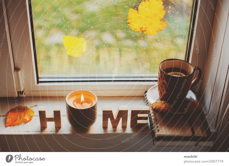 gemütlicher Herbstmorgen zu Hause. Heißer Tee und Kerze Frühstück Lifestyle Leben Erholung lesen Wetter Regen Blatt heiß Geborgenheit bequem Tasse Fenster