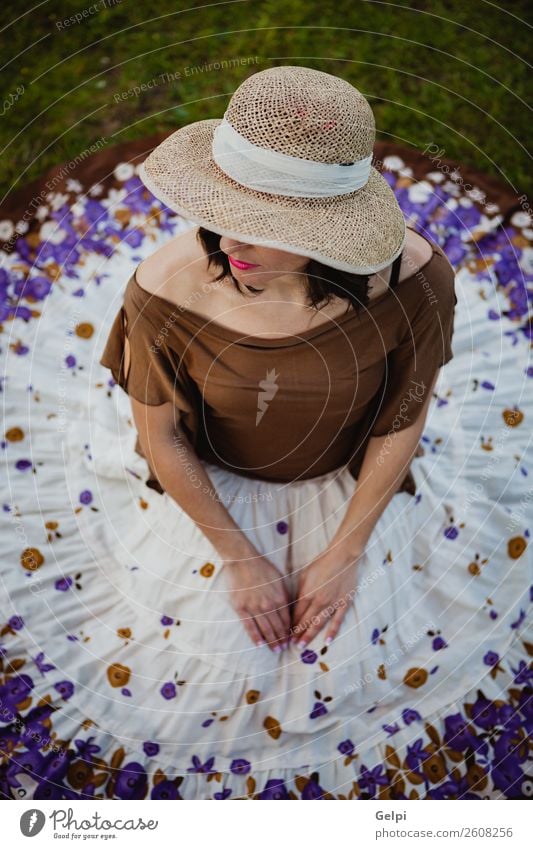 Stilvolle Frau Lifestyle schön Mensch Erwachsene Natur Landschaft Blume Mode Bekleidung Rock Hut brünett sitzen Erotik niedlich retro braun Mädchen jung