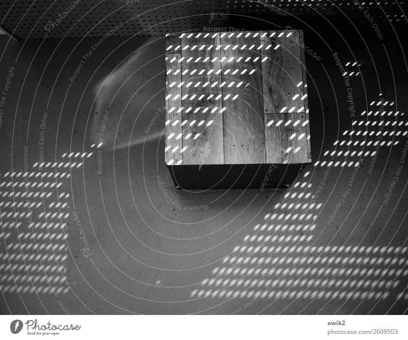 Aussichtspunkt Kasten Bodenbelag Jalousie Lichtpunkt Holz unten viele verrückt Schwarzweißfoto Innenaufnahme Detailaufnahme Muster Strukturen & Formen