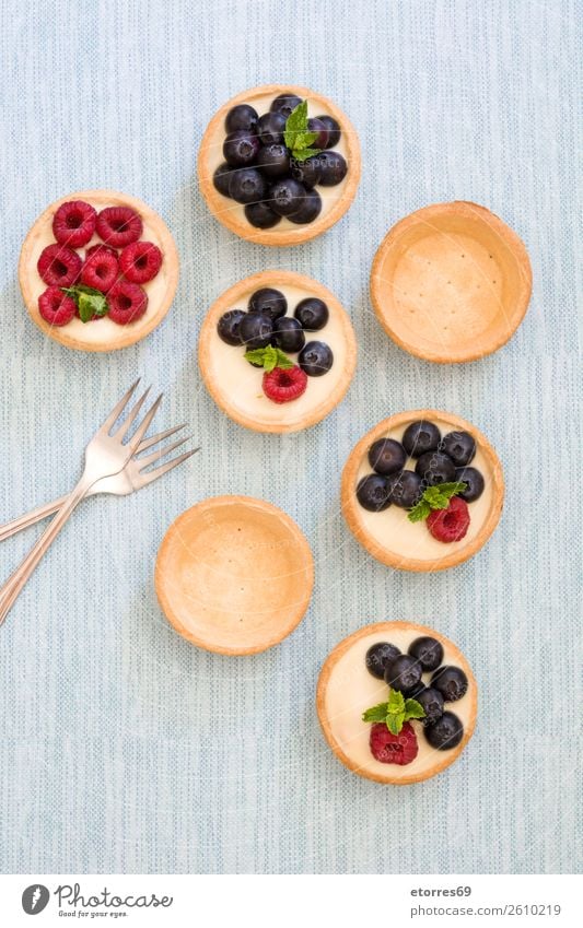 Köstliche Törtchen mit Himbeeren und Heidelbeeren Blaubeeren Frucht Dessert Lebensmittel Gesunde Ernährung Foodfotografie Speise lecker Sahne Vanillepudding