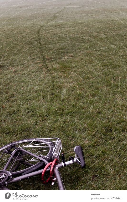 querfeldein Fahrrad Wiese liegen Pause Spuren Linie Gras Grasland resignieren parken Reifenspuren Abdruck Fahrradrahmen Fahrradreifen Panne Unfall Bremse