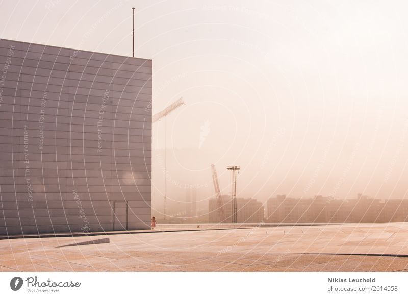 Um die Ecke Abenteuer Baumaschine feminin Kind Mädchen Kindheit 1 Mensch Sonnenaufgang Sonnenuntergang Sonnenlicht Sommer Schönes Wetter Nebel Stadt Haus Platz