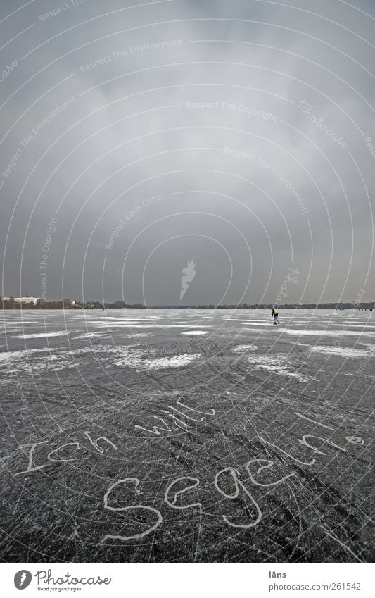 Alstervergnügen Winter Hamburg Frost Segeln Schlittschuhlaufen Eis Eisfläche Wort Wunsch Ausrufezeichen Buchstaben graue Wolken kalt Wunschwelt Wunschtraum