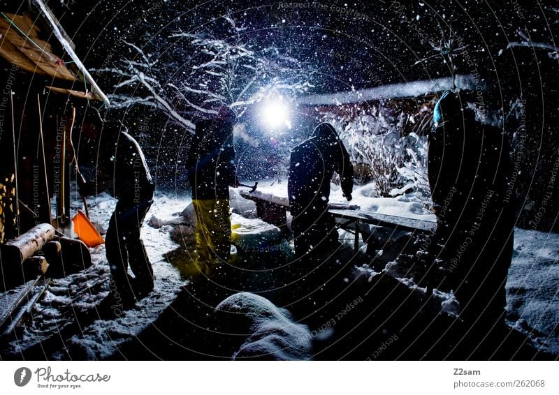 gartenparty? Schnee Winterurlaub 4 Mensch 18-30 Jahre Jugendliche Erwachsene Umwelt Natur Landschaft Nachthimmel Stern Schneefall Garten