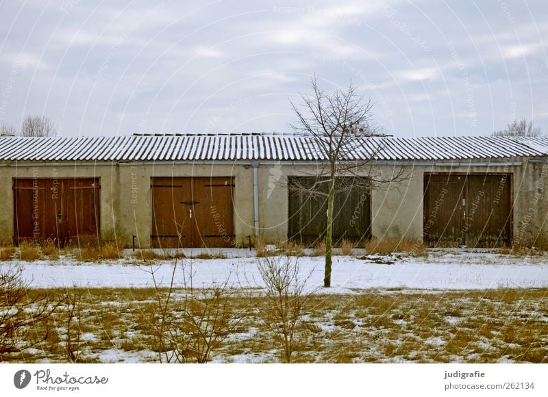 Haßleben Himmel Winter Schnee Baum Gebäude Garage Garagentor Mauer Wand Fassade Tür Dach trist Stimmung Farbfoto Außenaufnahme Menschenleer Licht