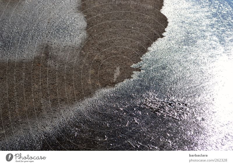 Spuren hinterlassen Erde Wasser Sonnenlicht Winter Eis Frost Straße Asphalt Stein Linie Streifen leuchten glänzend kalt grau schwarz silber Vergänglichkeit