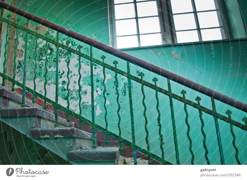 Stufen Menschenleer Ruine Bauwerk Gebäude Architektur Mauer Wand Treppe Fenster Denkmal alt exotisch historisch kaputt retro blau grün Stress Bewegung