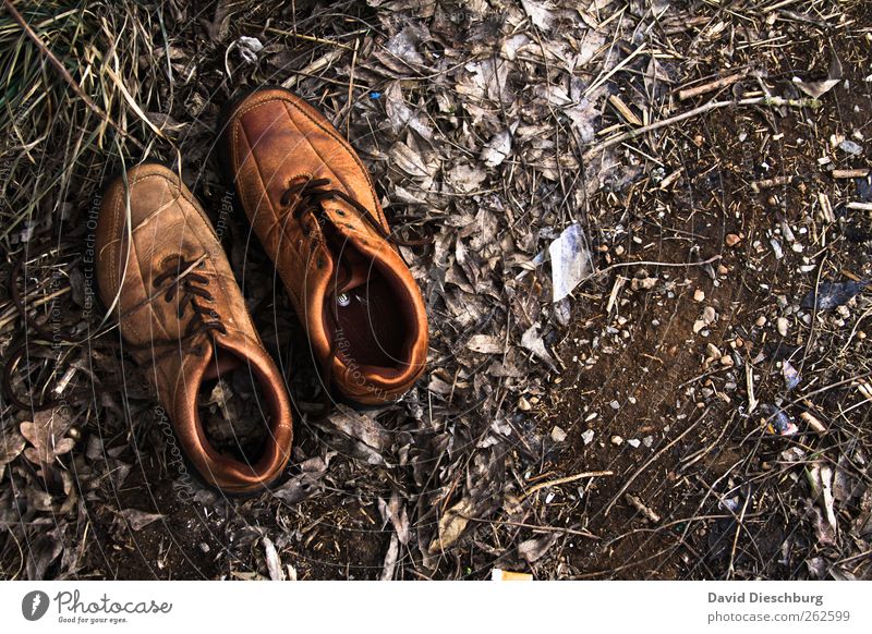 Schuhe des barfüßigen Jägers Leder braun Schuhbänder Fundstück Boden Erde alt Lederschuhe ruhig Stillleben paarweise Farbfoto Außenaufnahme Menschenleer Tag