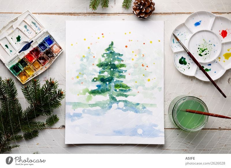 Handgemachtes Aquarell Weihnachtspopster Design Freizeit & Hobby Handarbeit Schnee Dekoration & Verzierung Tisch Handwerk Baum Papier Holz weiß Kreativität