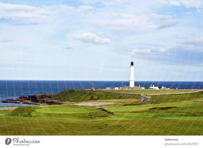 Aberdeen Umwelt Natur Landschaft Himmel Wolken Klima Schönes Wetter Gras Küste Nordsee Schottland Menschenleer Haus Leuchtturm Bauwerk Gebäude Architektur blau