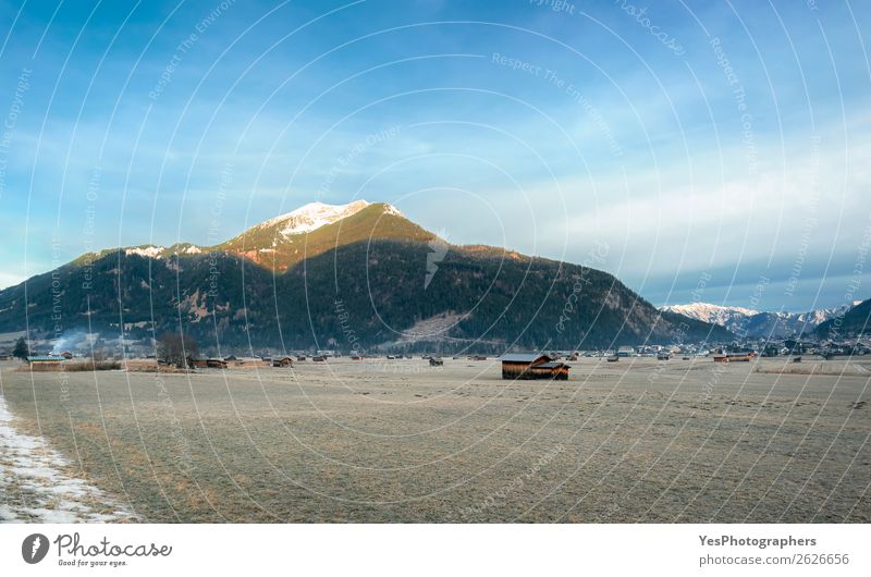 Gefrorene Wiese und Dorf in den Alpen Ferien & Urlaub & Reisen Winter Schnee Berge u. Gebirge Natur Landschaft Ehrwald Österreich Hütte ruhig alpin Österreicher