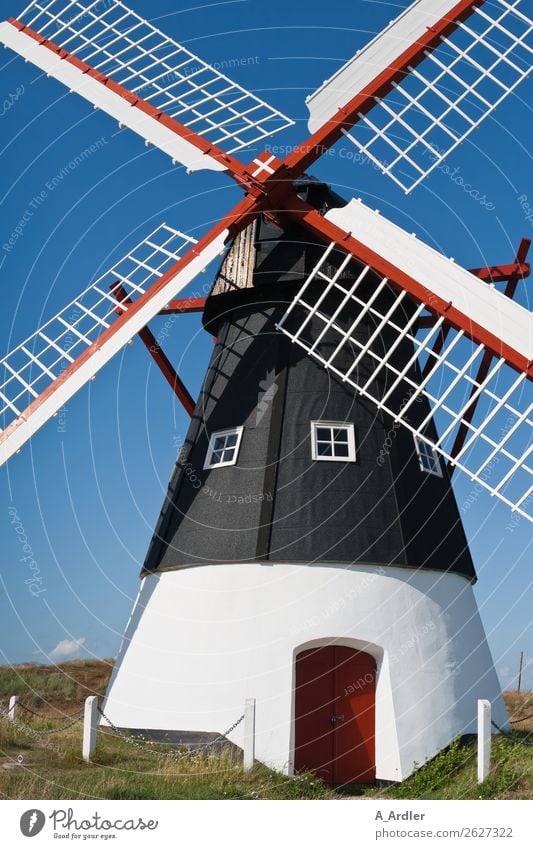 Mühle Ferien & Urlaub & Reisen Dorf Bauwerk historisch schön blau rot schwarz Dänemark Farbfoto Außenaufnahme Tag Sonnenlicht Starke Tiefenschärfe