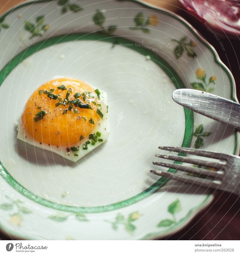 das beste zum schluss Lebensmittel Kräuter & Gewürze Spiegelei Ernährung Frühstück Bioprodukte Teller Besteck Messer Gabel lecker rund Farbfoto Gedeckte Farben