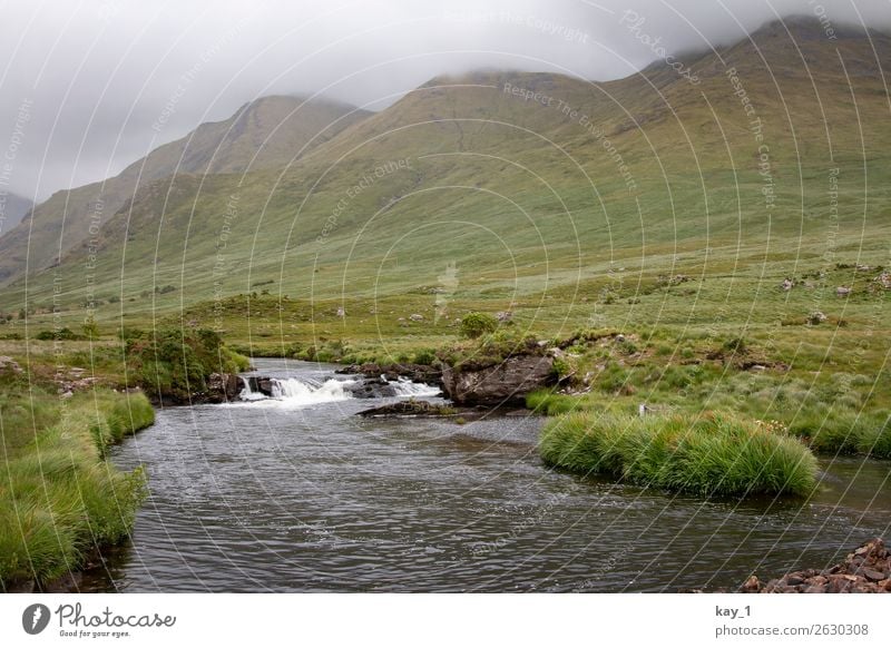 Ein kleiner Fluss zieht durch mit Gras bewachsene Weideflächen, im Hintergrund Berge. Natur Landschaft Wasser Schönes Wetter Sommer Flussufer ästhetisch