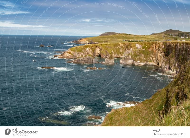 Irische Küste Natur Landschaft Wasser Himmel Sonne Sommer Herbst Schönes Wetter Gras Wiese Felsen Wellen Bucht Meer Dunquin Republik Irland Europa Ferne