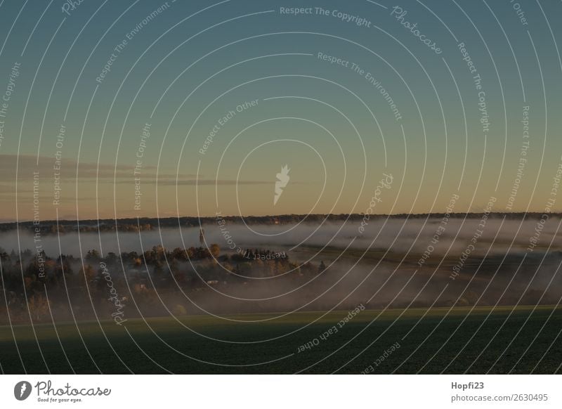 Morgennebel über Möbisburg Umwelt Natur Landschaft Pflanze Erde Himmel Sonne Sonnenaufgang Sonnenuntergang Sonnenlicht Herbst Klima Nebel Feld Dorf Bauwerk