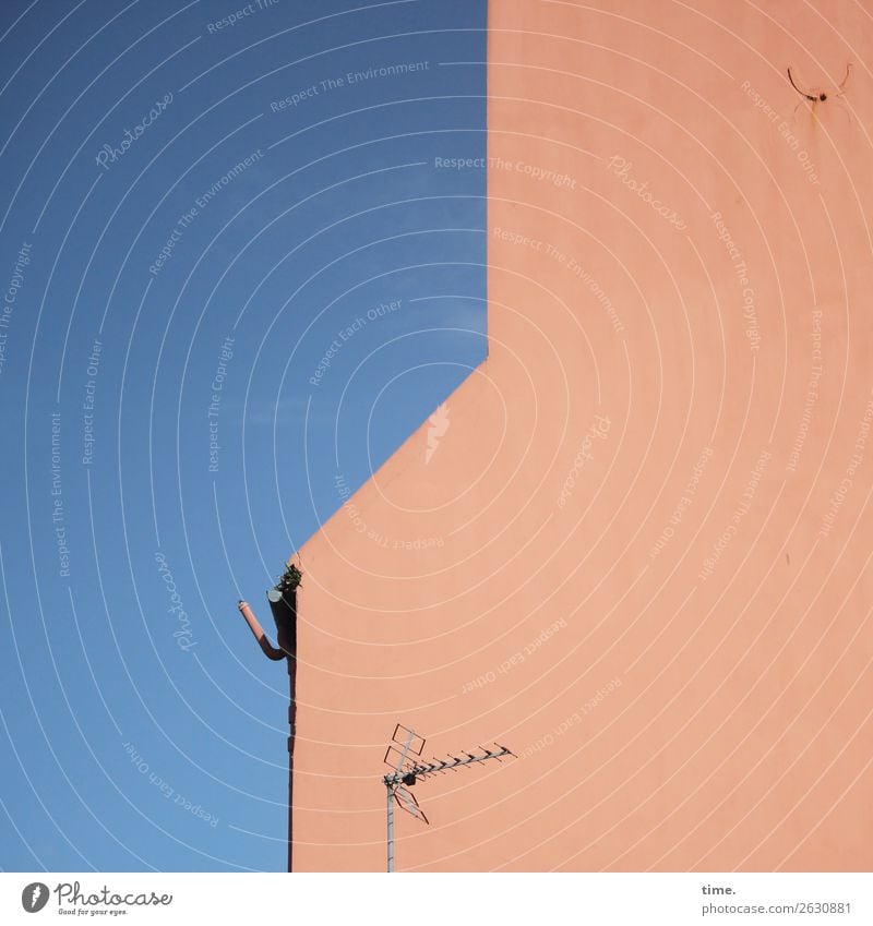 Haken am Haus Wolkenloser Himmel Schönes Wetter Mauer Wand Dachrinne Antenne bedrohlich Ausdauer standhaft ästhetisch Partnerschaft Design einzigartig entdecken