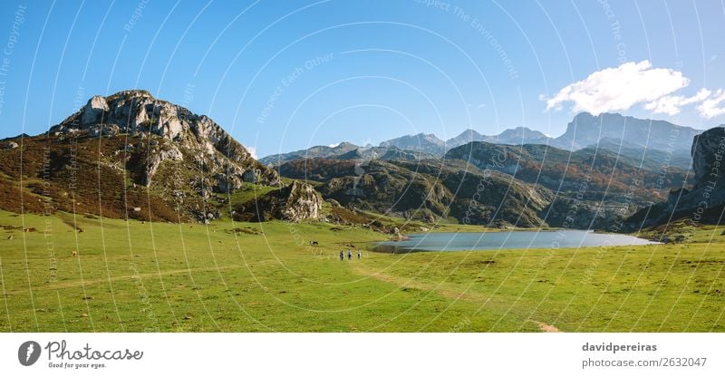 Tal mit See zwischen den Bergen schön Berge u. Gebirge Mensch Menschengruppe Umwelt Natur Landschaft Pflanze Himmel Baum Gras Wiese Seeufer Straße Wege & Pfade