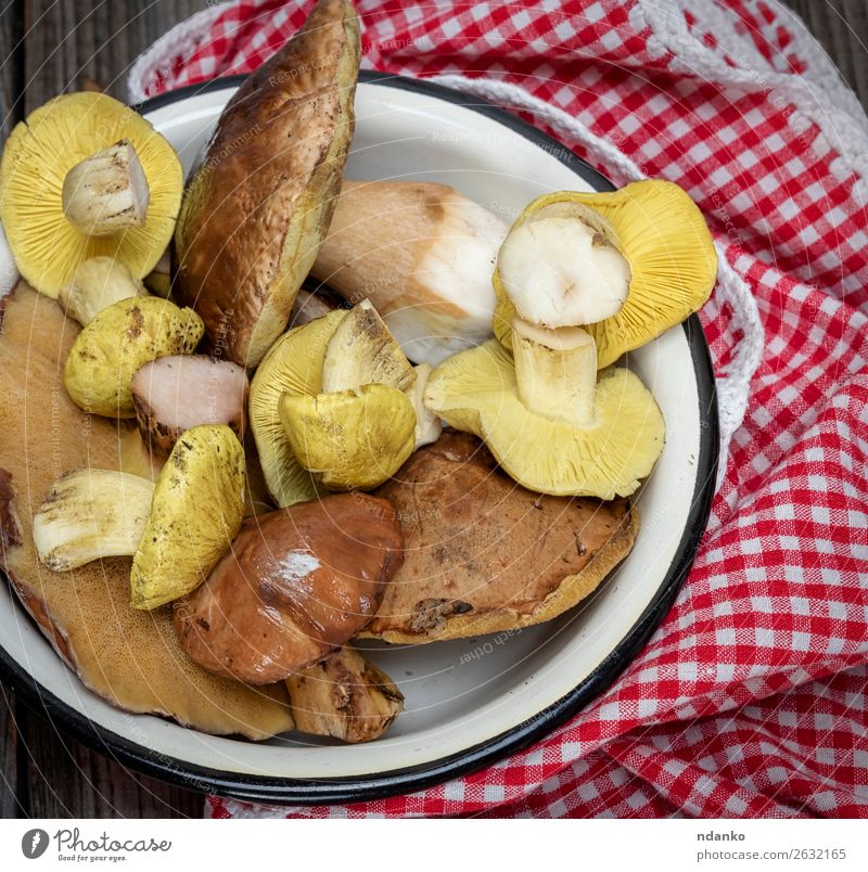 frische essbaren Waldpilze Gemüse Vegetarische Ernährung Teller Natur Pflanze Herbst dreckig natürlich wild braun gelb rot weiß Suillus Steinpilze Edulis roh