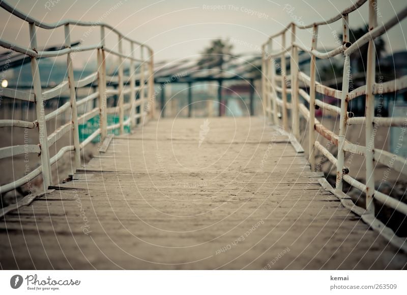 Unebenheiten Sommer Wege & Pfade Brücke Brückengeländer Holz Metall alt weiß krumm Rost schäbig Holzweg Farbfoto Außenaufnahme Menschenleer Textfreiraum Mitte