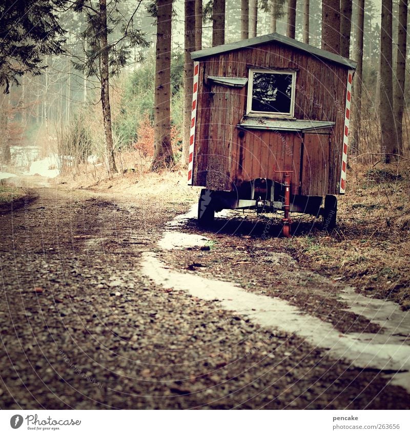 von wägen Axt Natur Landschaft Allgäu Wege & Pfade Wohnwagen Bauwagen Anhänger Stimmung Idylle Mobilität Lagerplatz Mittagspause Pause Schneeschmelze Holzhütte