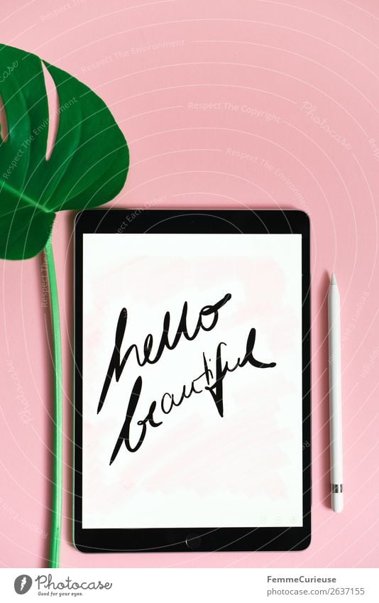 Tablet with a handwritten "hello beautiful" on pink background Technik & Technologie Unterhaltungselektronik Fortschritt Zukunft Zeichen Schriftzeichen