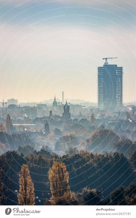 Herbstliche Panoramaaussicht auf Berlin I Zentralperspektive Starke Tiefenschärfe Sonnenstrahlen Sonnenlicht Schatten Licht Morgen Textfreiraum Mitte