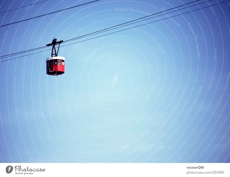 hoch hinaus. ästhetisch Gondellift Himmel (Jenseits) Blauer Himmel oben rot blau Stahlkabel aufwärts fahren Verkehrsmittel Farbfoto Außenaufnahme Detailaufnahme