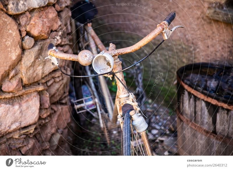 Altes, verrostetes und vergessenes Fahrrad auf der Straße Design Ferien & Urlaub & Reisen Verkehr Fahrradfahren Stein Holz Metall Stahl Rost alt retro braun