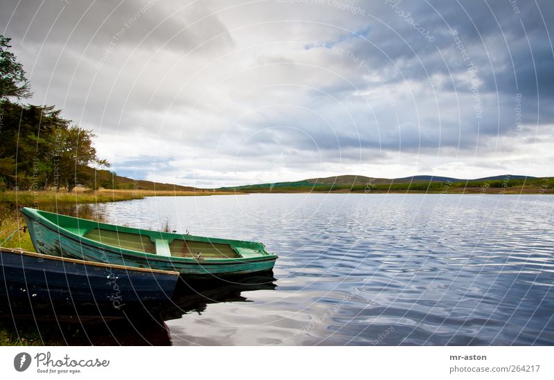 Boot Natur Landschaft Urelemente Wasser Himmel Wolken Gewitterwolken Wetter Seeufer Ruderboot natürlich blau grün Farbfoto Außenaufnahme Luftaufnahme