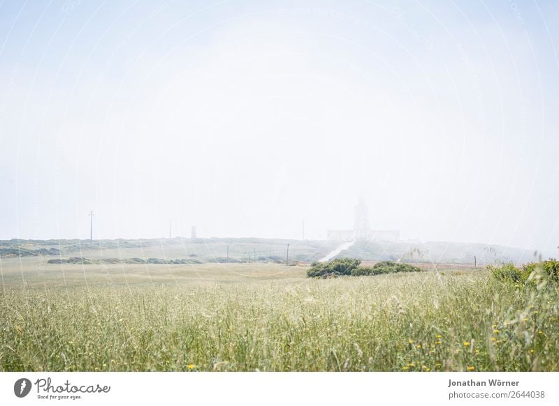 Misty field Ausflug Abenteuer Ferne Freiheit Fahrradtour Sommer wandern Natur Landschaft Pflanze Himmel Wolken Wetter Nebel Wärme Gras Sträucher Wiese Kirche