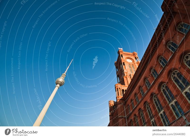 Fernsehturm und Rotes Rathaus Alexanderplatz Architektur Berlin Großstadt Deutschland Berliner Fernsehturm Froschperspektive Hauptstadt Haus Himmel