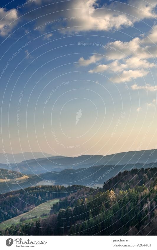 Täler Natur Landschaft Himmel Wolken Horizont Wald Hügel Farbfoto Außenaufnahme Textfreiraum oben Dämmerung Starke Tiefenschärfe Panorama (Aussicht)