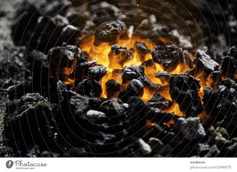 Roter heißer Kohlenstoff in einer Kohle zum Kochen Sommer Wärme hell gelb rot schwarz Energie Farbe Feuer Holz brennend Glut Hintergrund Holzkohle erwärmen