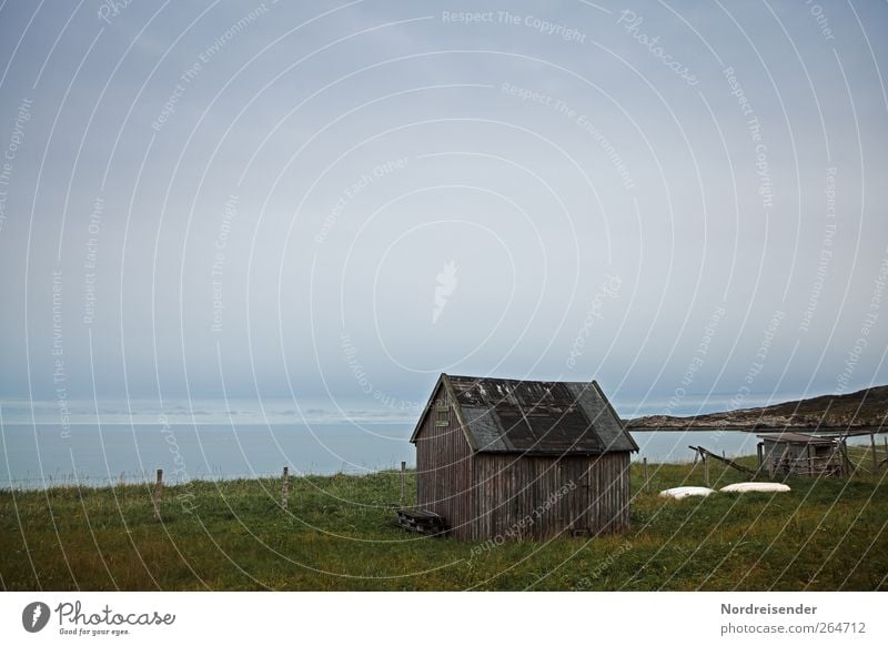 Melancholie ruhig Ferne Natur Landschaft Urelemente Wolken Klima schlechtes Wetter Wiese Küste Meer Fischerdorf Hütte dunkel Einsamkeit Ende Endzeitstimmung