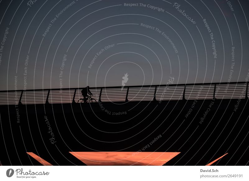 Radfahrer auf einer Brücke bei Sonnenuntergang Fahrradfahren Mensch Körper 1 Sonnenaufgang Herbst Stadt Verkehr Bewegung sportlich blau orange nachhaltig