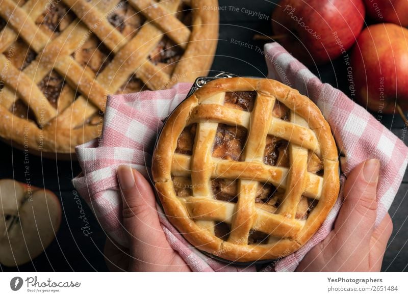 Hausgemachter Apfelkuchen in Händen gehalten. Obige Ansicht. Kuchen Dessert Erntedankfest Weihnachten & Advent Tradition obere Ansicht Amerikaner Apfelfrüchte