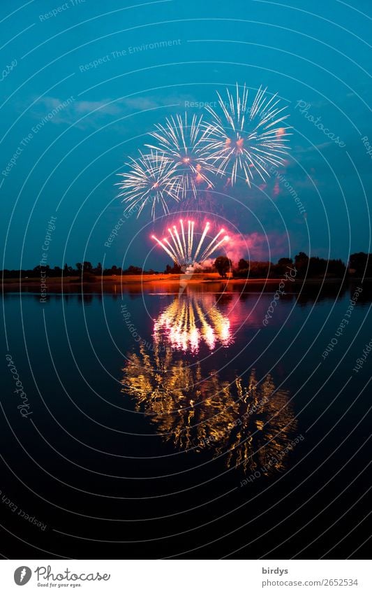 Feierlaune Nachtleben Party Veranstaltung Feuerwerk Landschaft Wasser Nachthimmel Sommer Seeufer Fluss Elbe Feste & Feiern glänzend leuchten ästhetisch