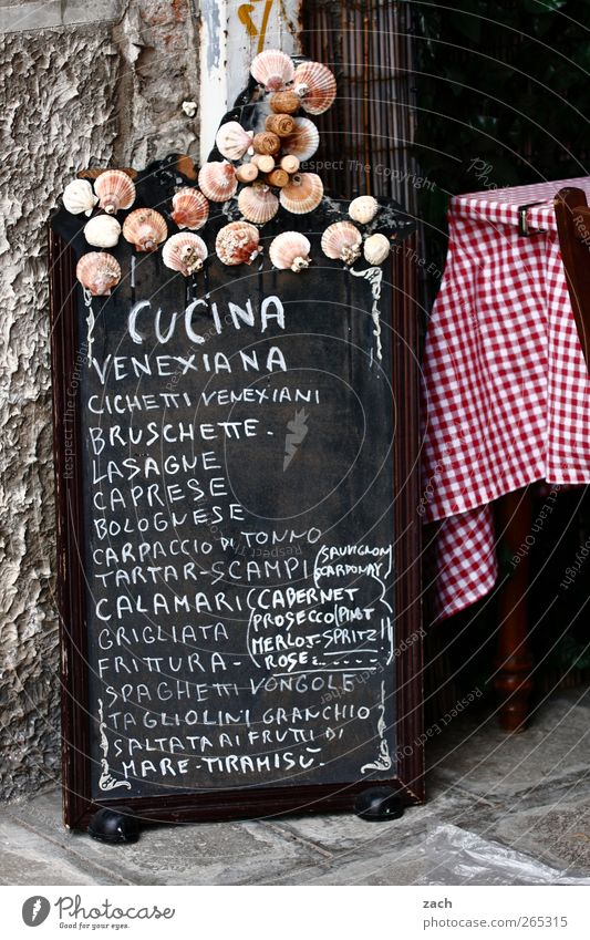 Menü Ernährung Mittagessen Abendessen Italienische Küche Speisekarte Speisetafel Aufsteller Tisch Restaurant ausgehen Gastronomie Venedig Altstadt Tür Muschel